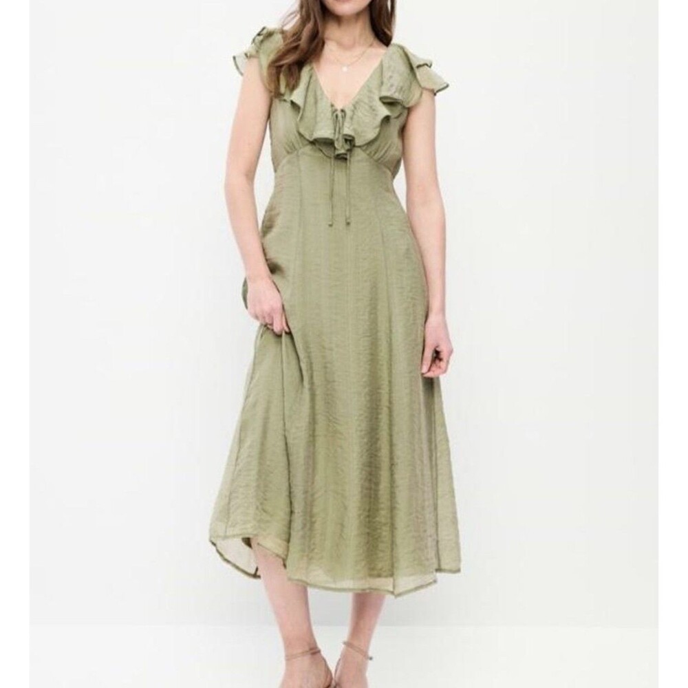 NWOT Old Navy XL Olive Green Ruffle Midi Dress Flowy Fairy Garden Party Whimsy.